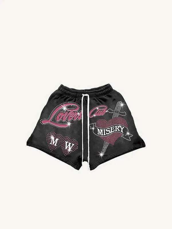 Shorts mit Kordelzug und „Heart&Sword&Letter“-Print aus Strasssteinen