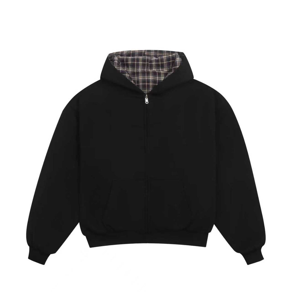 Omkeerbare geruite hoodie met rits V2（Zwart/Bruin）
