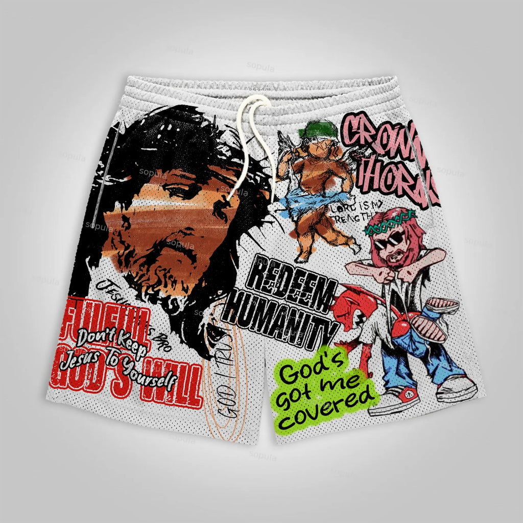 Graffiti Jesus Retro-Grafik-Mesh-Shorts