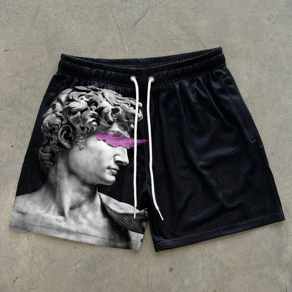 Retro Sculpture Print Mesh Shorts