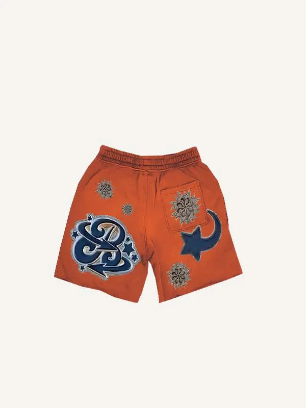 Graphic&Letter Faux Decal Print Drawstring Waist Shorts