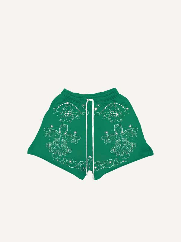 Shorts mit Grafik- und Buchstaben-Print in Strass-Optik und Kordelzug am Bund