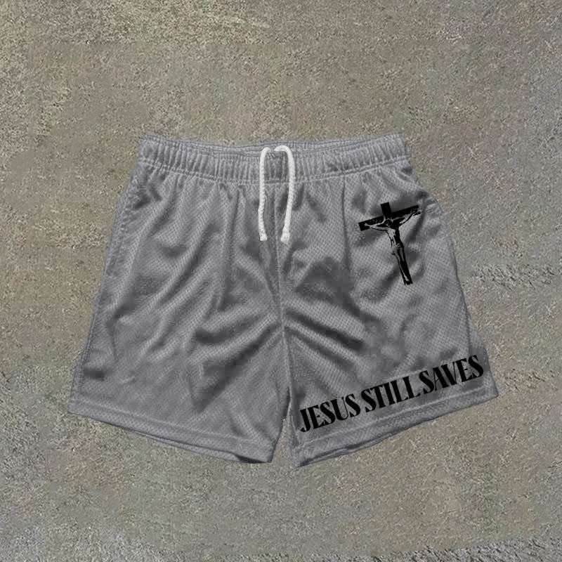 Jesus Still Saves Print Mesh Shorts