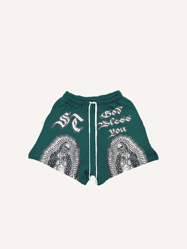 Shorts mit Kordelzug, Skelett-, Gebets-, Blumen- und Buchstaben-Print