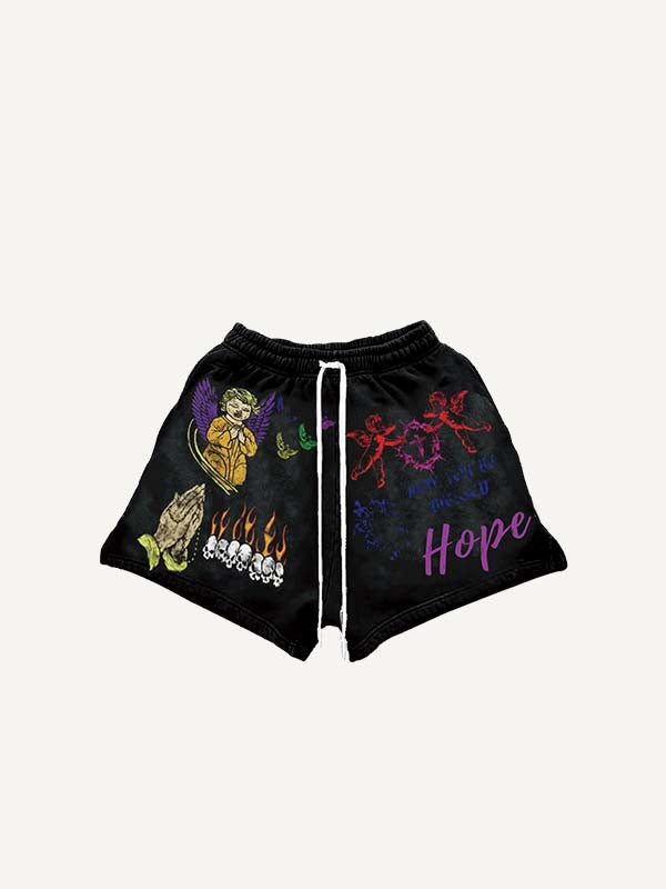 Shorts met trekkoord in de taille en print van engel, bidden, figuur, letters en grafische elementen