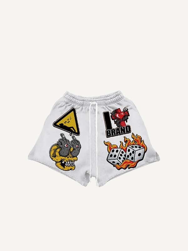 Skull&Fire&Graphic&Letter Faux Decal Print Drawstring Waist Shorts