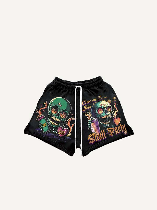 Shorts met print van schedel, vuur, hart en letters