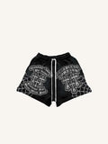 Pantaloncini con stampa ragnatela, croce, lettere e grafica con finto adesivo e vita con coulisse