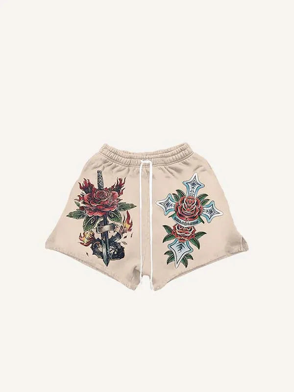 Cross&Eye&Floral&Sword&Letter Print Drawstring Waist Shorts