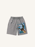 Shorts mit Used-Look, Fledermaus-Grafikprint und Kordelzug in der Taille