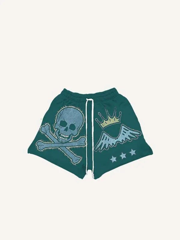 Skeleton&Crown&Wing&Star&Letter Faux Decal Print Drawstring Waist Shorts