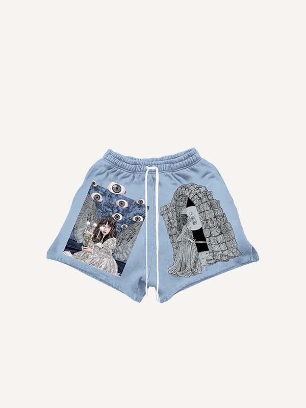 Pantaloncini con stampa figura, ala e bulbo oculare e vita con coulisse