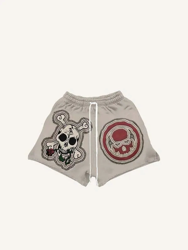 Skeleton&Floral&Letter Faux Decal Print Drawstring Waist Shorts