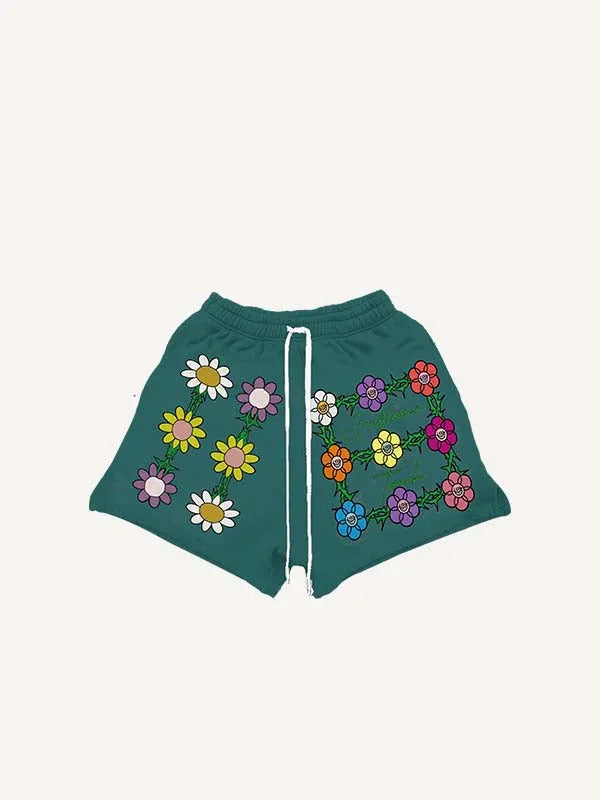 Shorts mit Smiley-Gesicht-, Blumen- und Buchstabendruck sowie Tunnelzug-Taille