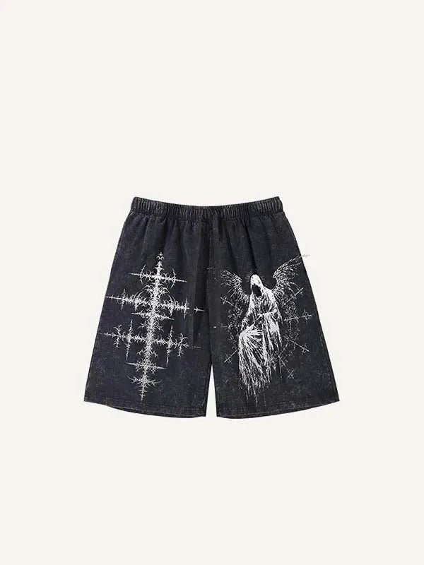 Shorts à taille élastique avec cordon de serrage, imprimé graphique croix, ailes et silhouette vieillie