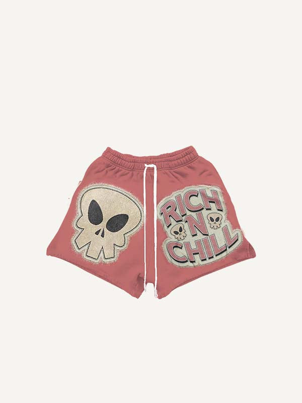 Skull&Letter Faux Decal Print Drawstring Waist Shorts