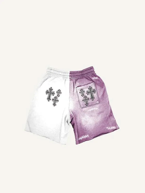 Pantaloncini con coulisse in vita e stampa effetto decalcomania di figura, scritta e croce a blocchi di colore