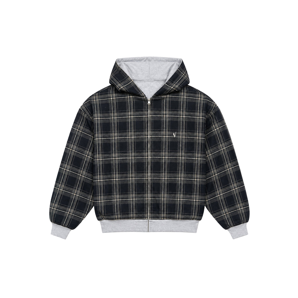 Sweat à capuche zippé réversible à carreaux V2 (Gris clair/Minuit)