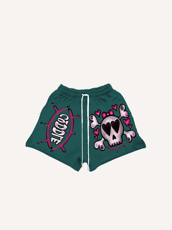 Shorts mit Totenkopf- und Herz-Print und Kordelzug am Bund