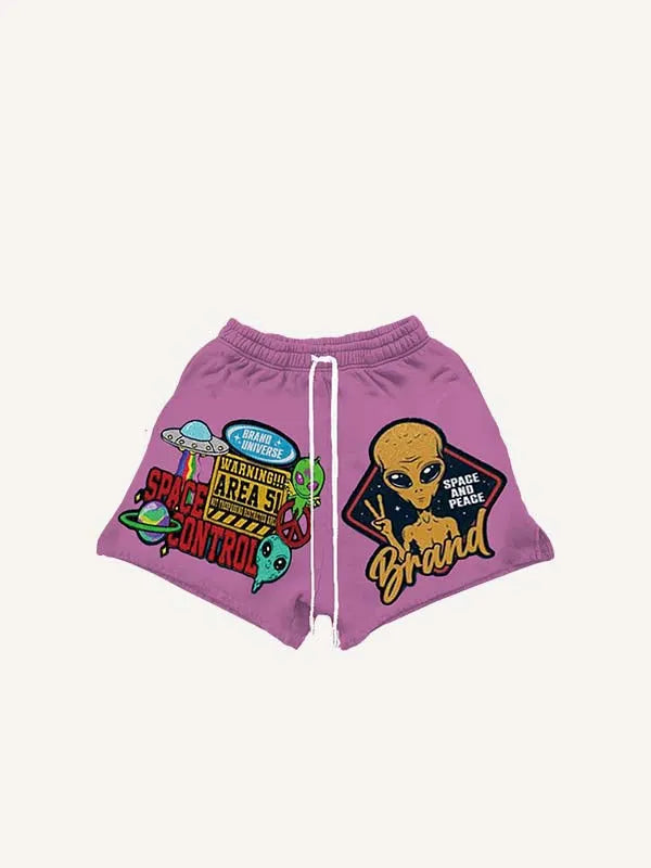 Alien&UFO&Letter Print Drawstring Waist Shorts