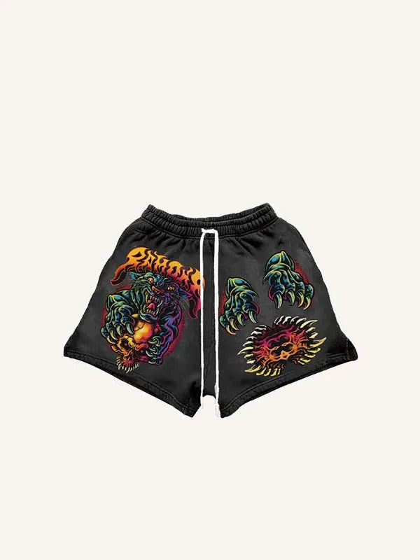 Short met dieren-, schedel- en letterprint, met trekkoord in de taille