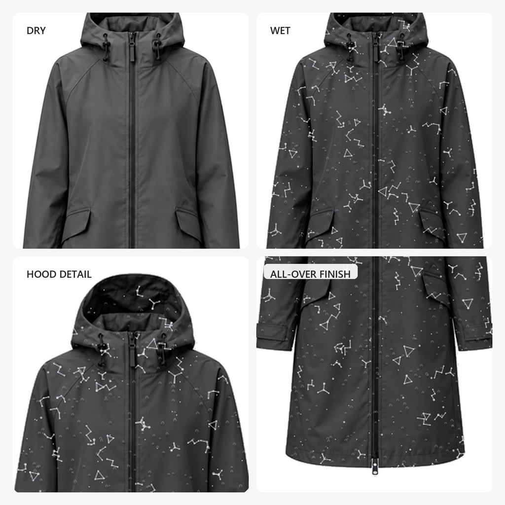 Water-Reactive Constellation Long Raincoat — Charcoal