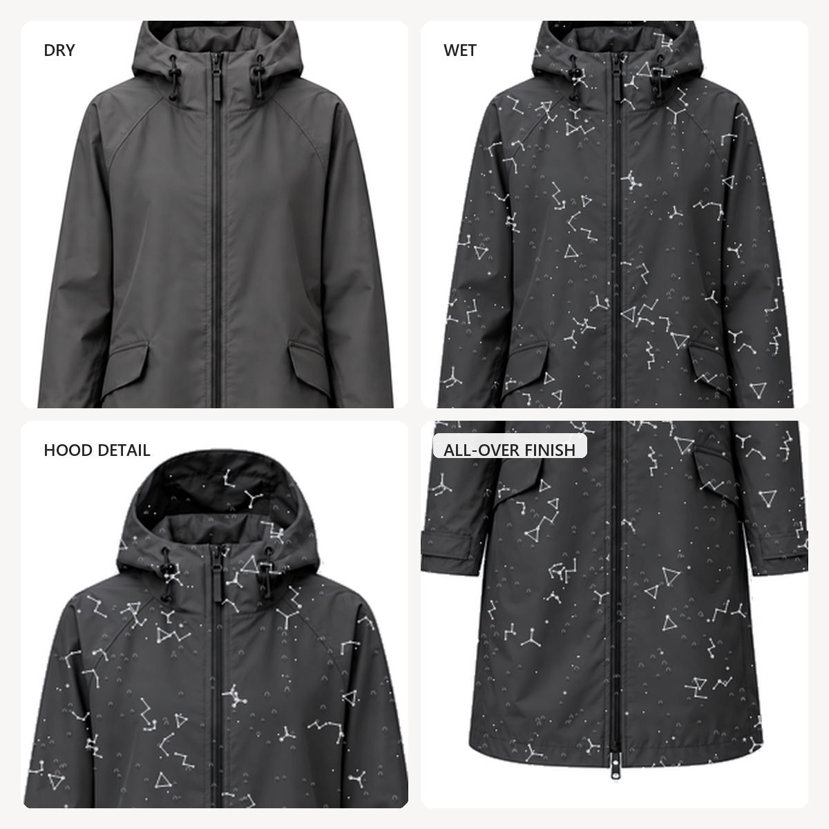 Water-Reactive Constellation Long Raincoat — Charcoal