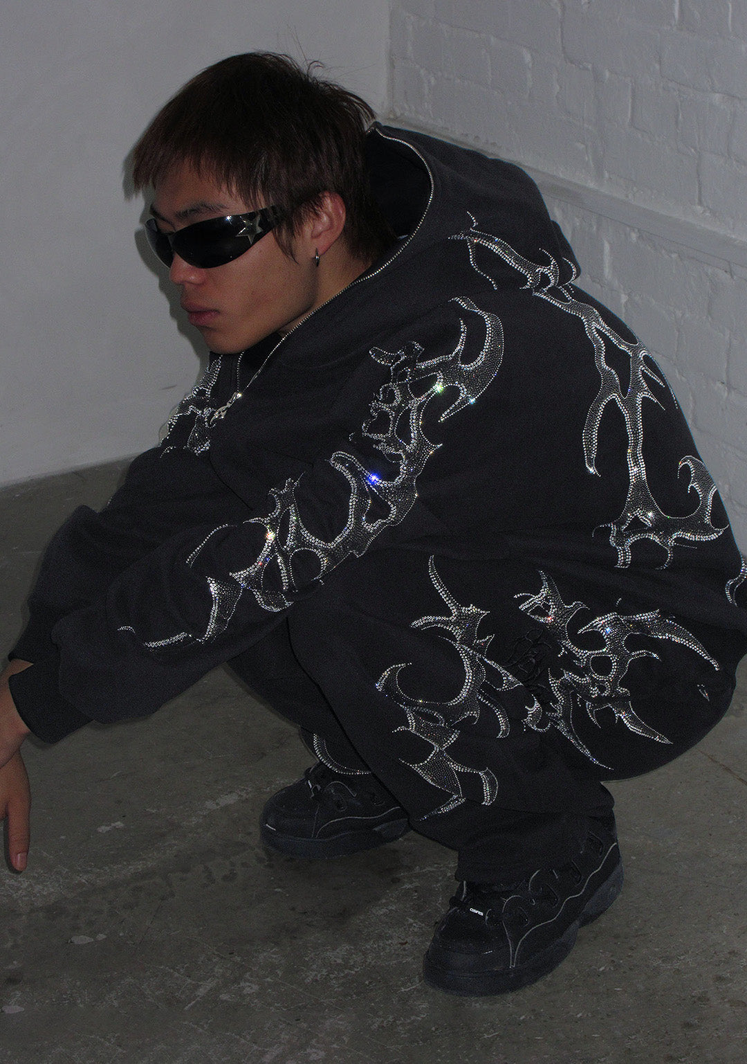 CRASH RHINESTONE ZIP HOODIE BLACK