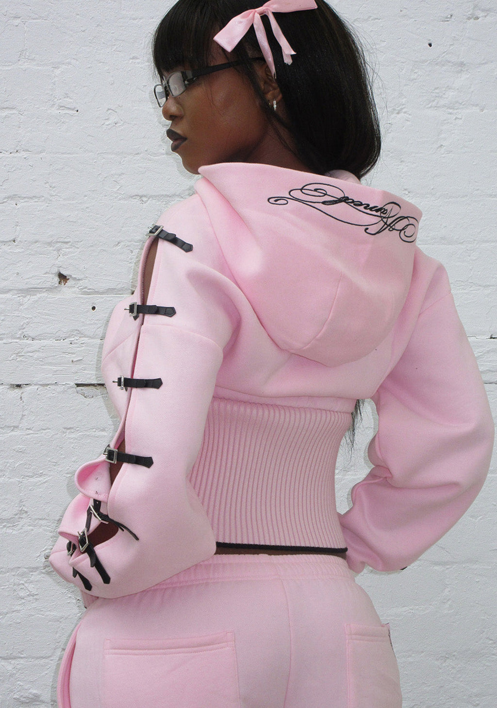 CRUSH BUCKLE FITTED WAIST ZIP HOODIE BABY PINK