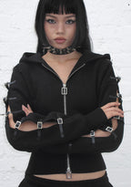 CRUSH BUCKLE FITTED WAIST ZIP HOODIE BLACK