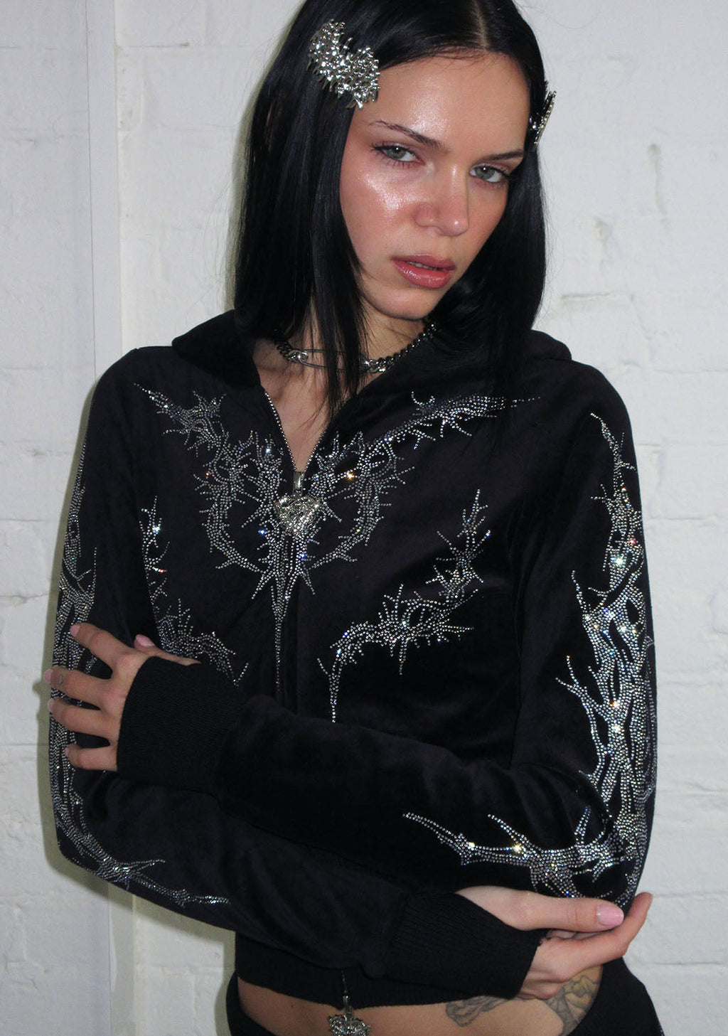 CURSE RHINESTONE VELOUR ZIP-HOODIE SCHWARZ