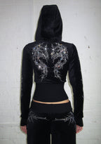 CURSE RHINESTONE VELOUR ZIP HOODIE BLACK