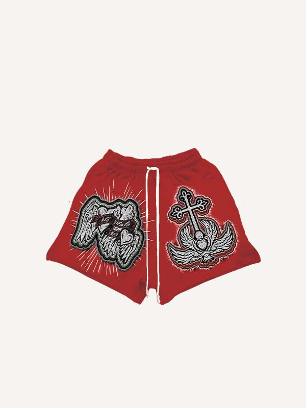 Figure&Wing&Heart&Letter&Graphic Faux Decal Print Drawstring Waist Shorts