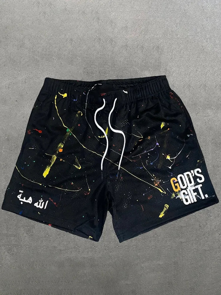 Vintage God's Gift Grafik Lässige Street Mesh-Shorts