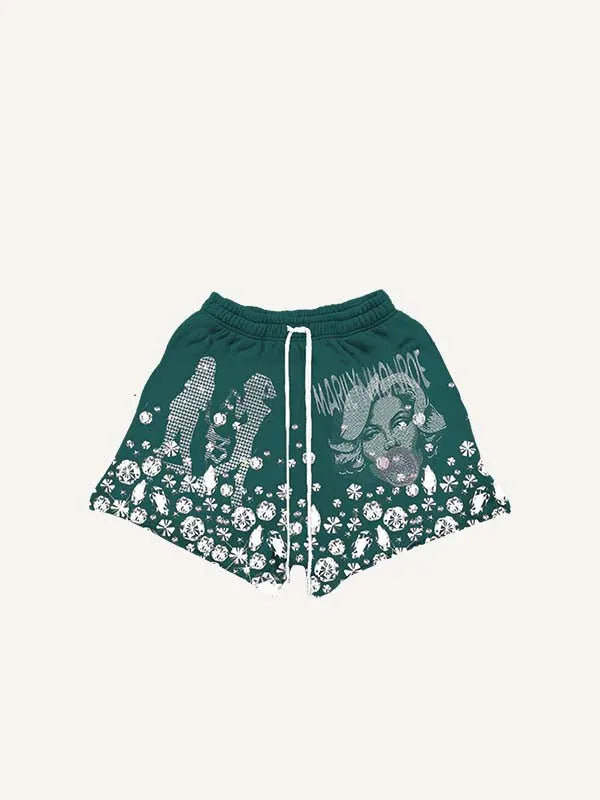 Figure&Letter Faux Rhinestones Print Drawstring Waist Shorts