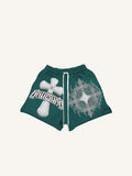 Cross&Fire&Letter Faux Rhinestones Print Drawstring Waist Shorts