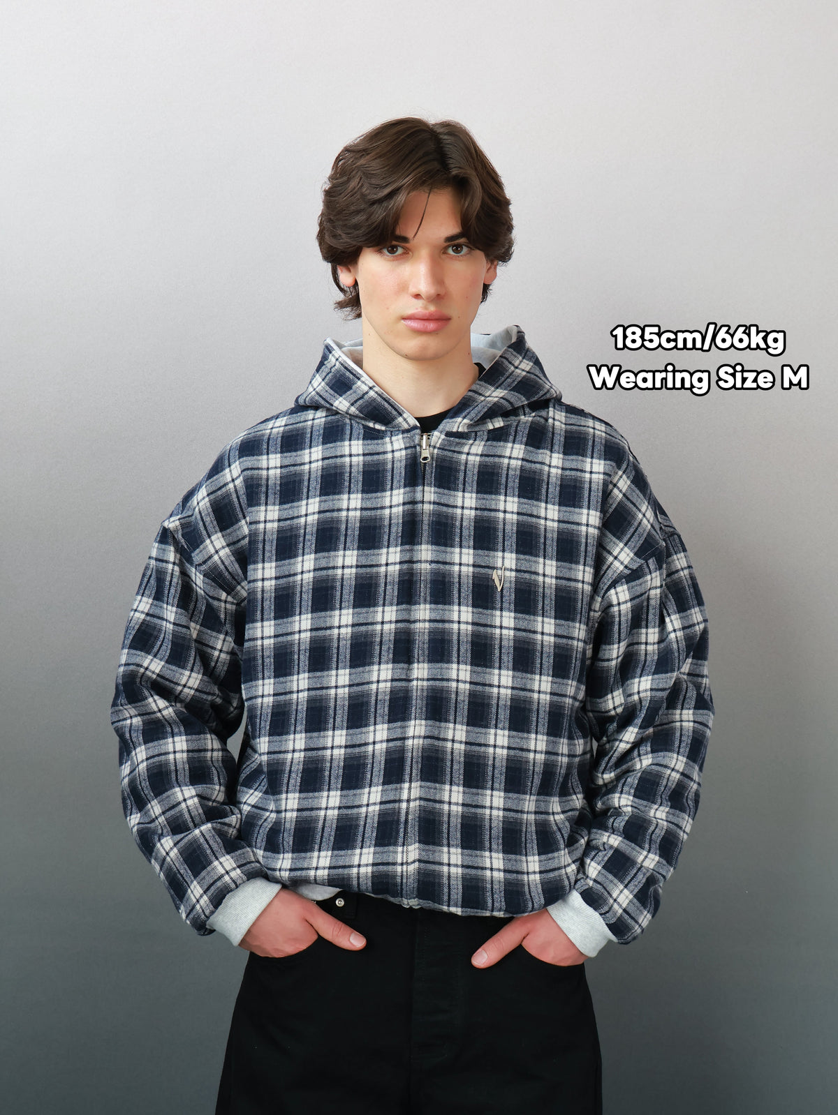 Reversible Plaid Zip-Hoodie V2（Light Grey/ Faded Navy）