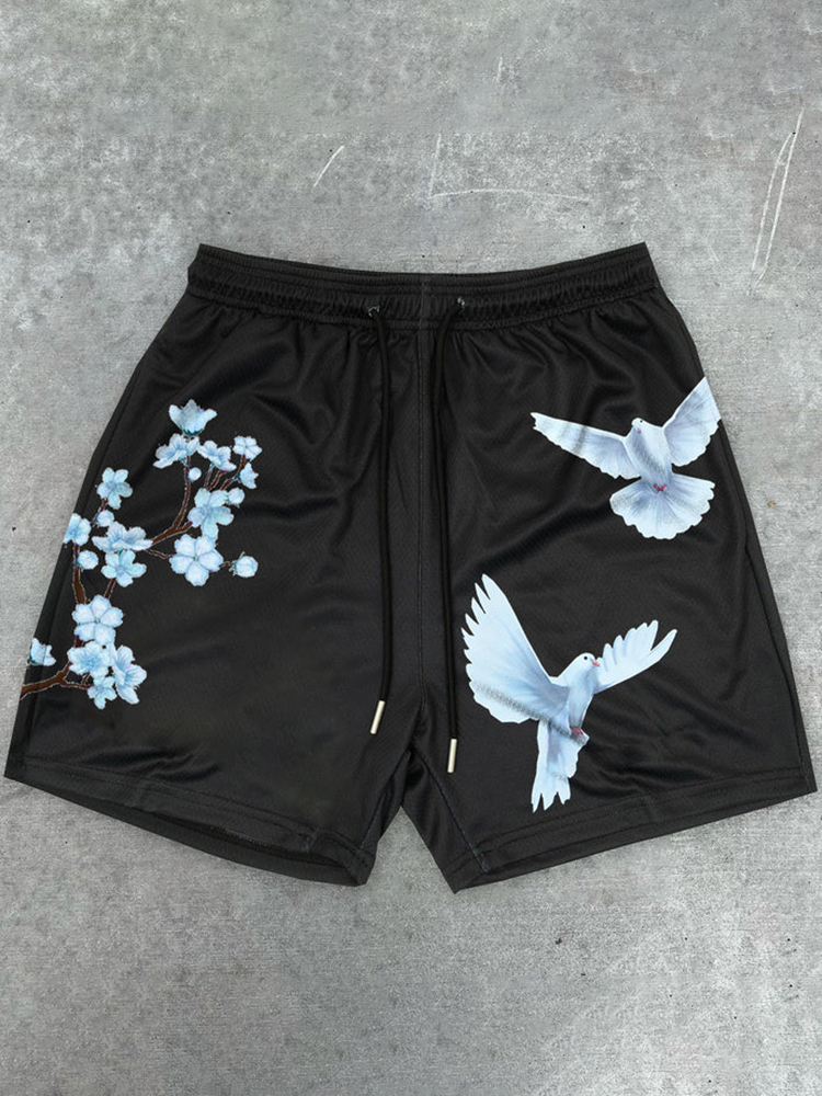 Cherry Blossom Dove Print Graphic Men's Mesh Shorts