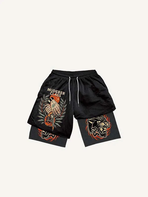 Shorts de falsa superposición con estampado de animal, letras, palmera y motivos florales, con cintura ajustable mediante cordón