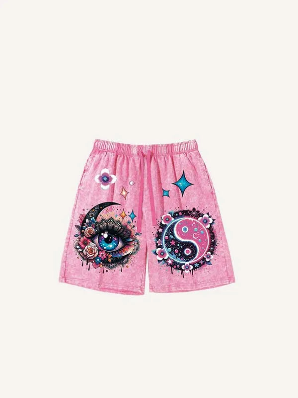 Krótkie spodenki ze ściągaczem w talii, z efektem sprania i nadrukiem oka, księżyca, kwiatów i grafiki