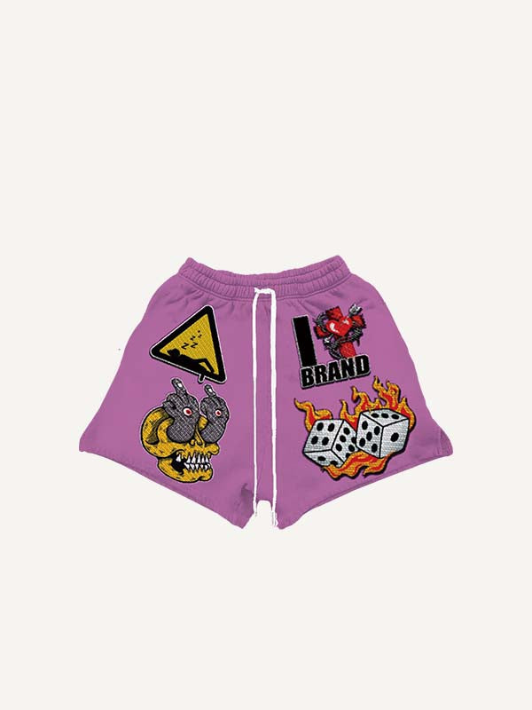 Skull&Fire&Graphic&Letter Faux Decal Print Drawstring Waist Shorts
