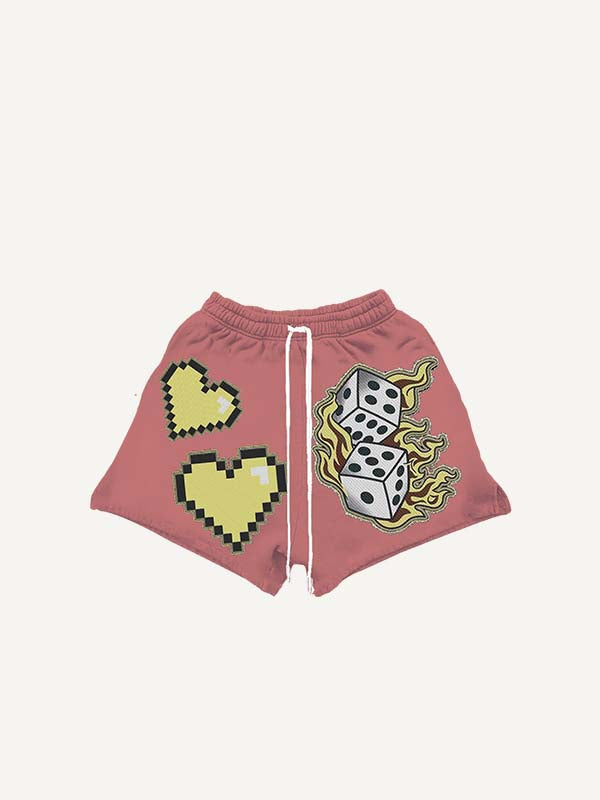 Dice&Fire&Skull Palm&Heart&Letter Faux Decal Print Drawstring Waist Shorts