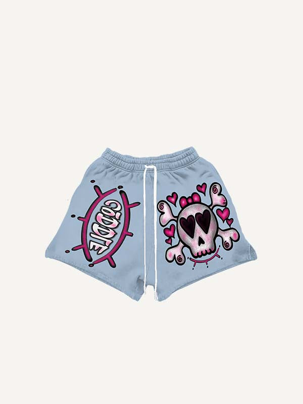 Skull&Heart Print Drawstring Waist Shorts