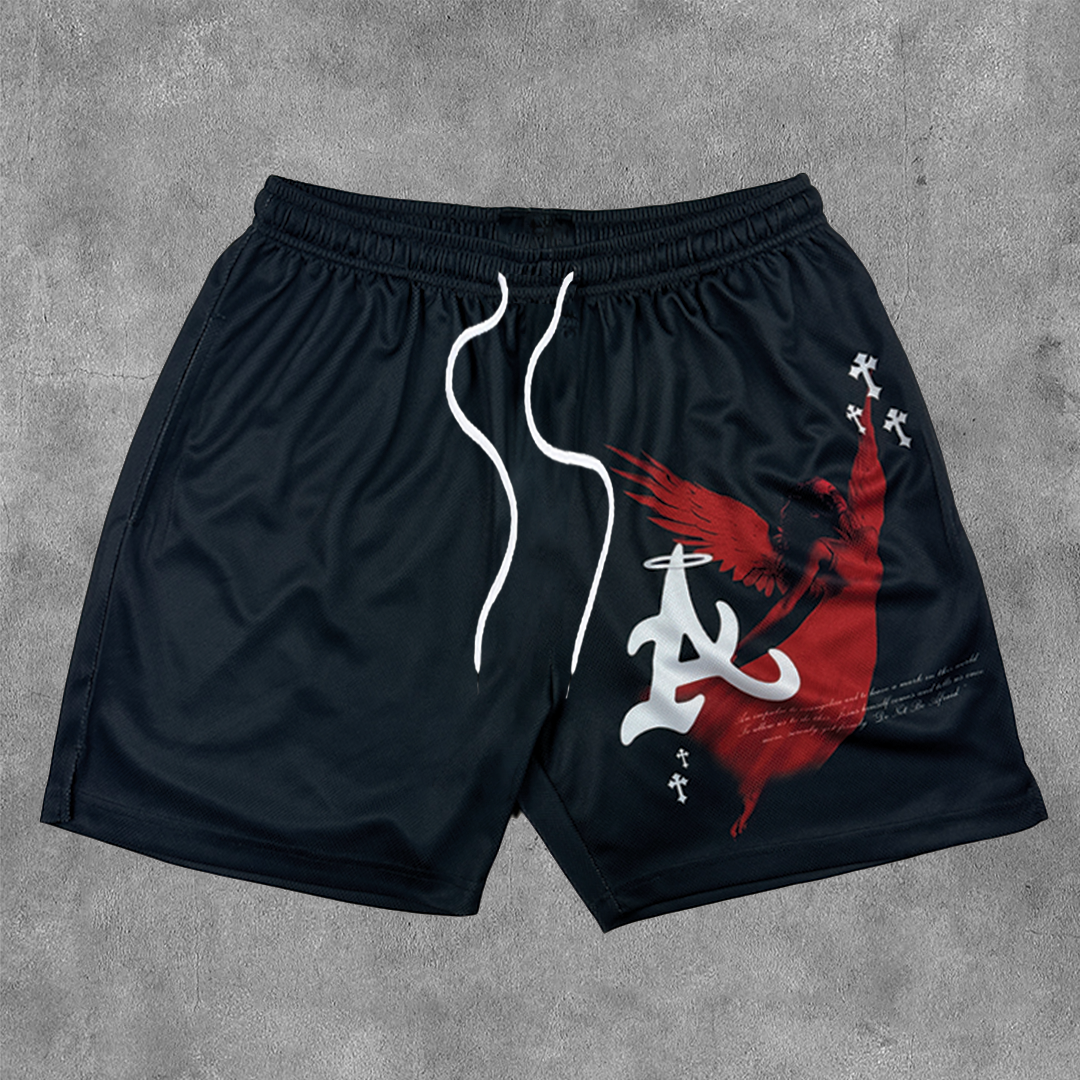 Mesh-Shorts mit Cross-Angel-Faith-Print