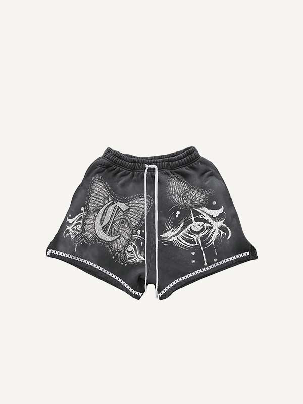 Butterfly&Eye&Letter Faux Decal Print Drawstring Waist Shorts