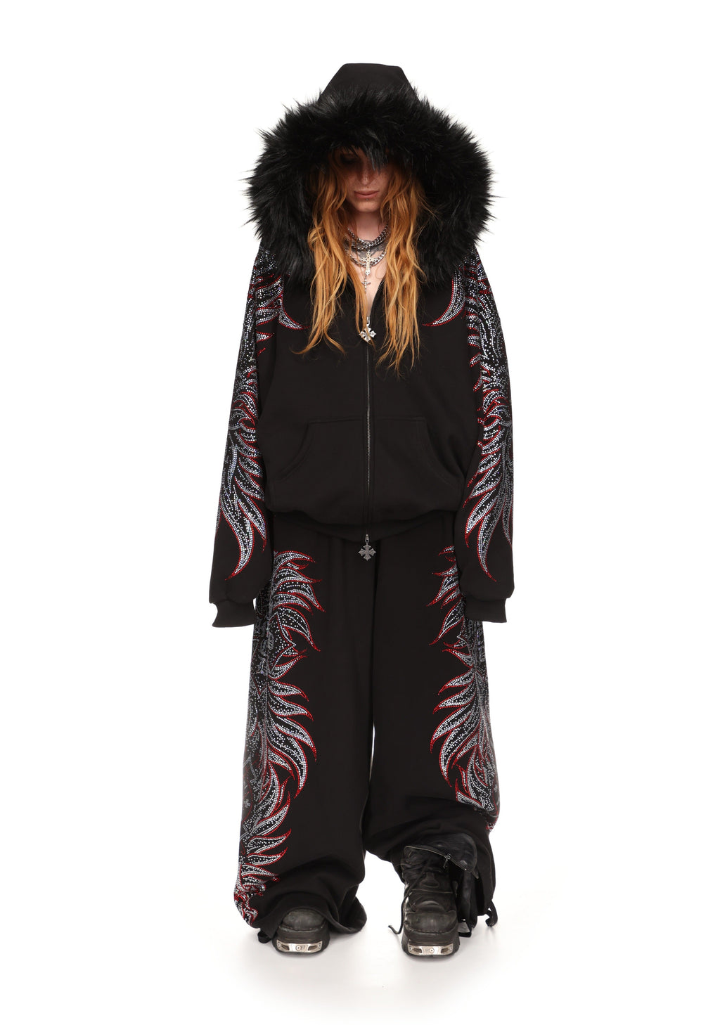 SUDADERA CON CAPUCHA Y CREMALLERA CON PEDRERÍA DUSK NEGRA