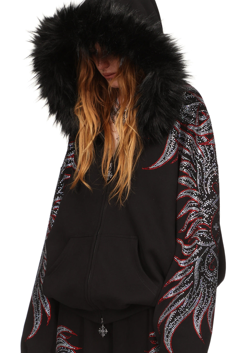 SUDADERA CON CAPUCHA Y CREMALLERA CON PEDRERÍA DUSK NEGRA