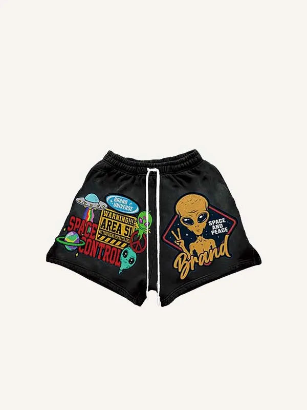 Alien&UFO&Letter Print Drawstring Waist Shorts