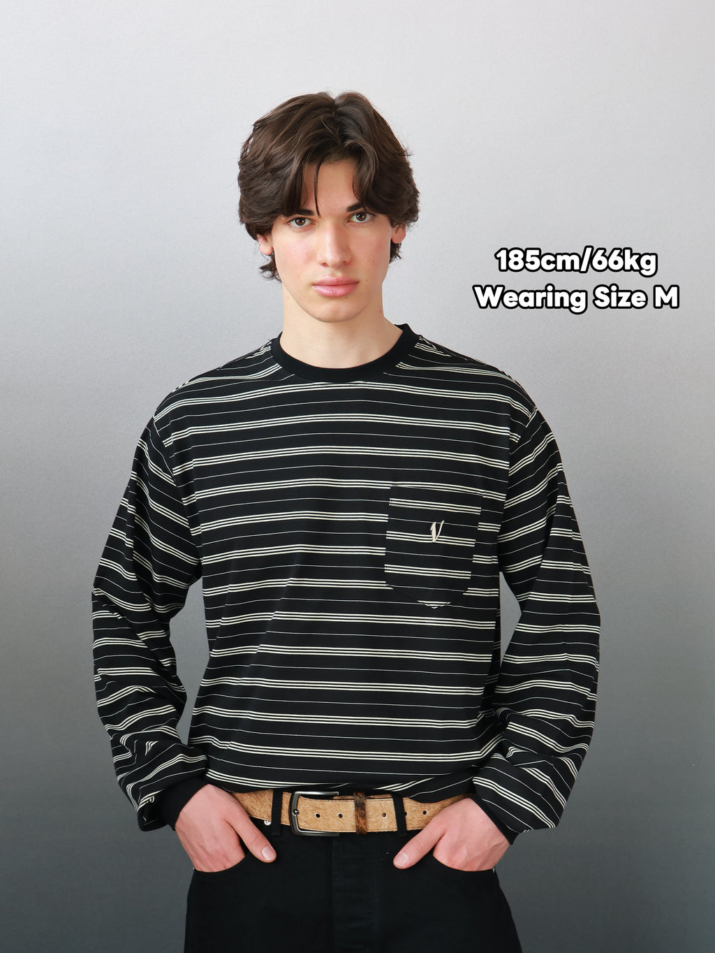 BLUZA W PASKI Z DŁUGIM RĘKAWEM - Czarny