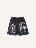Shorts mit Used-Look, Print-Motiv (Figur, Flügel, betende Hände, Kreuz) und Kordelzug in der Taille